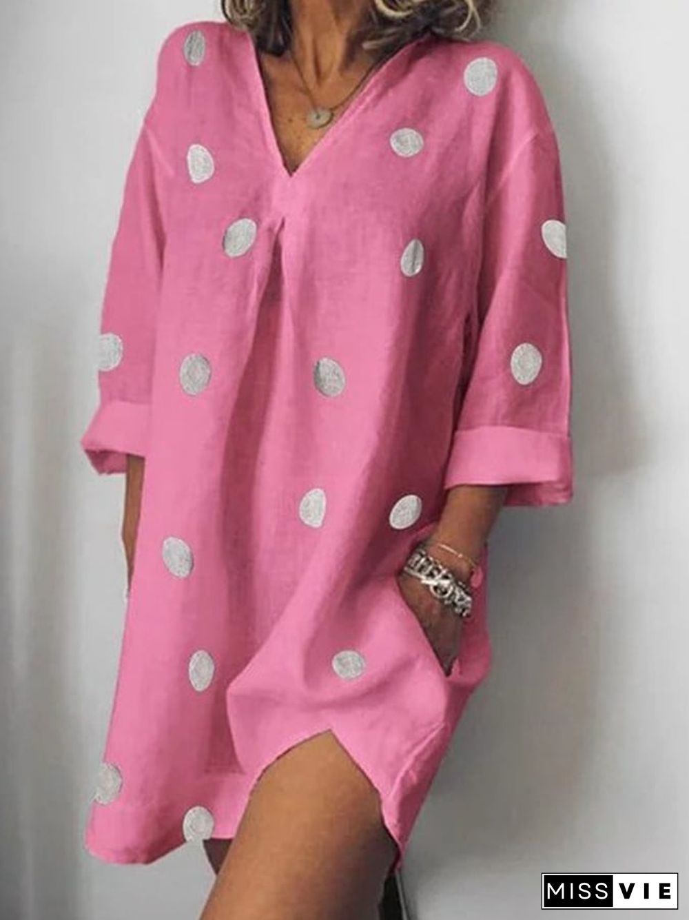 Cotton Linen Three Quarter Sleeve Shirt Collar Polka Dot Dress