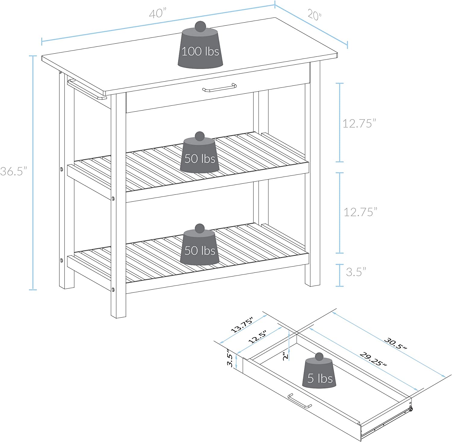 Casual Home Solid Hardwood Top， Slate Gray， 40 W (373-932) Kitchen Island