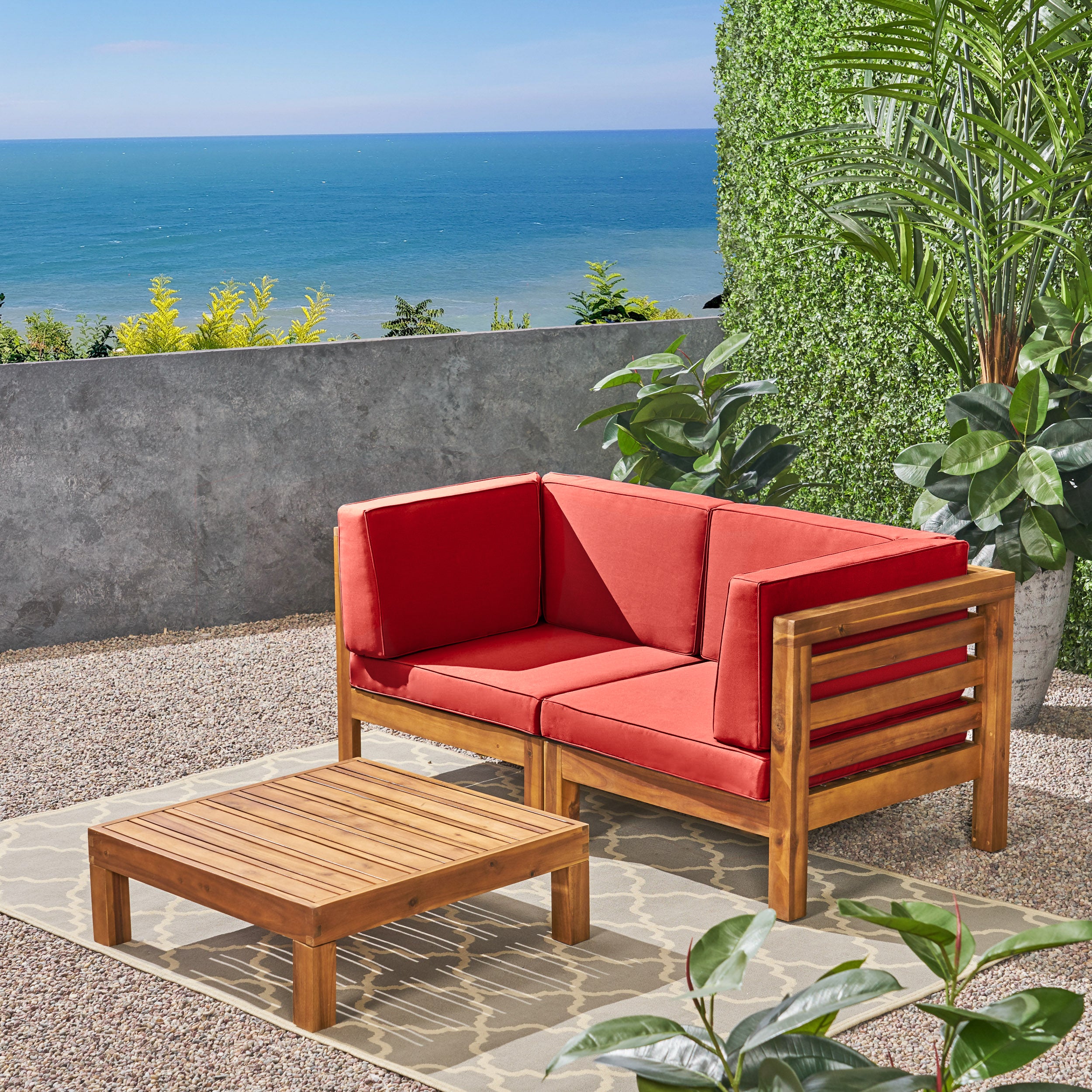 Dawson Outdoor Sectional Love Seat Set with Coffee Table - 3-Piece 2-Seater - Acacia Wood - Outdoor Cushions