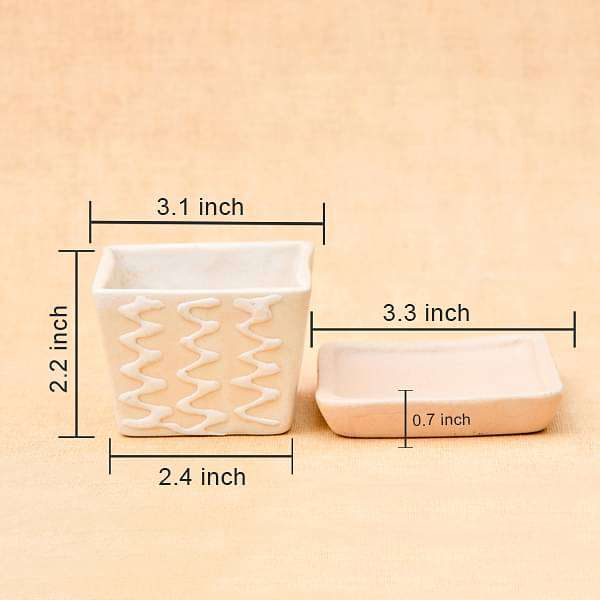 3.1 inch (8 cm) CP007 Embossed Square Cone Ceramic Pot With Plate (Beige) (set of 2)