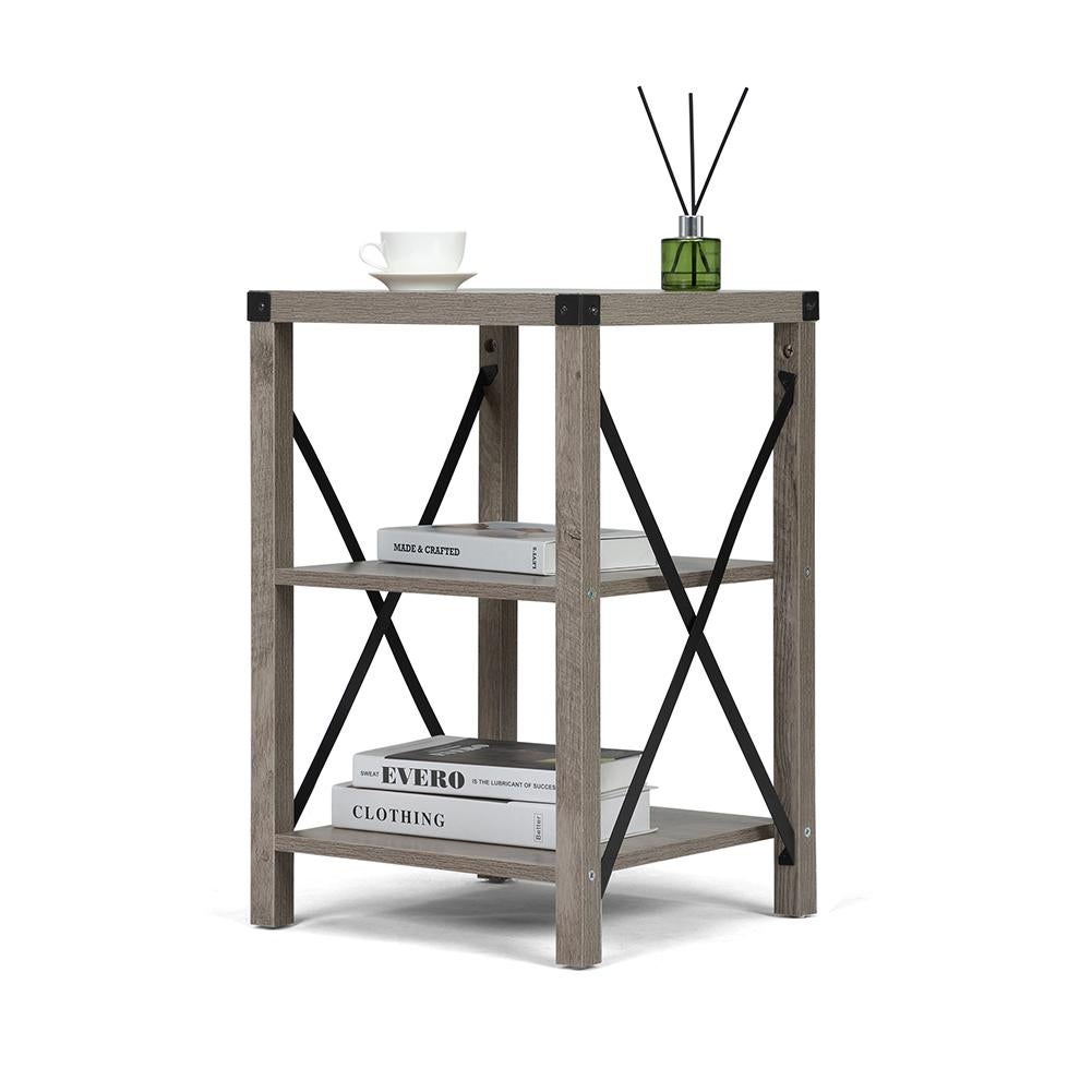 Farmhouse Side Table with 3-Tier Shelf and X-Shaped Metal Support