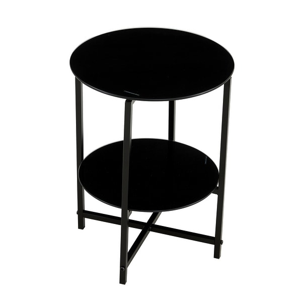 2- layer Tempered Glass End Table， Round Coffee Table for Bedroom Living Room Office (black)