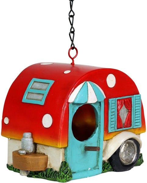 Exhart Hand Painted Hanging Camping Trailer Resin Bird House， Red/Blue