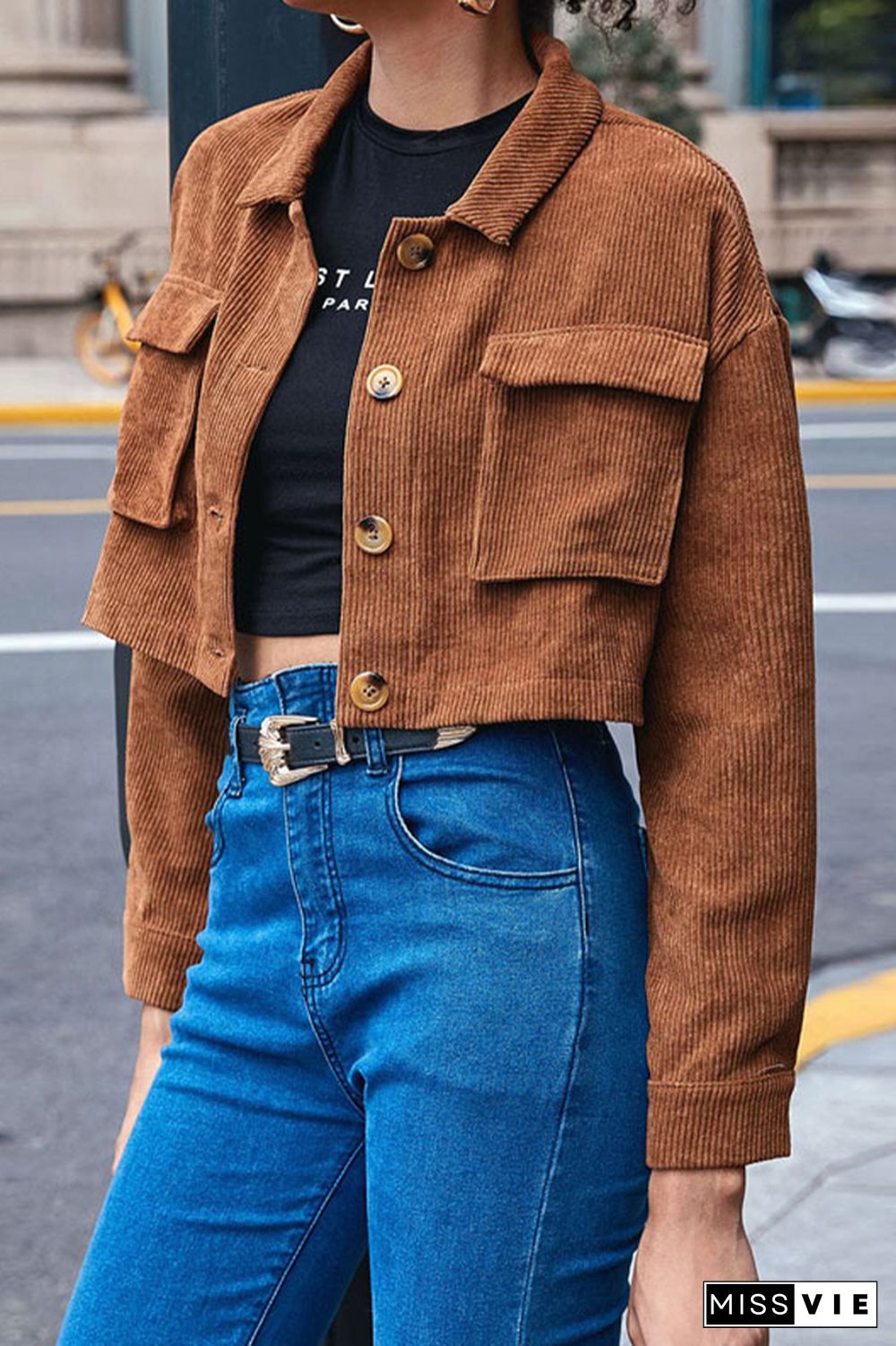 Brown Button Up Corduroy Short Jacket Coat