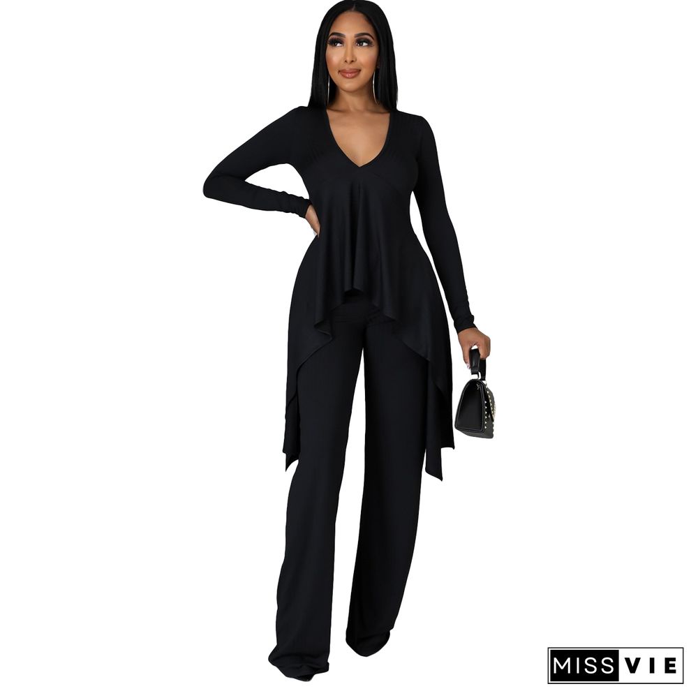 V Neck Irregular Top Straight-leg Pants Set