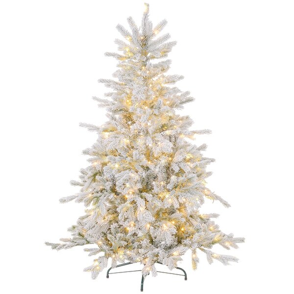 HOMCOM 6ft Prelit Snow Flocked Artificial Christmas Tree with Warm White LED Light and 1321 Tips，Metal Base