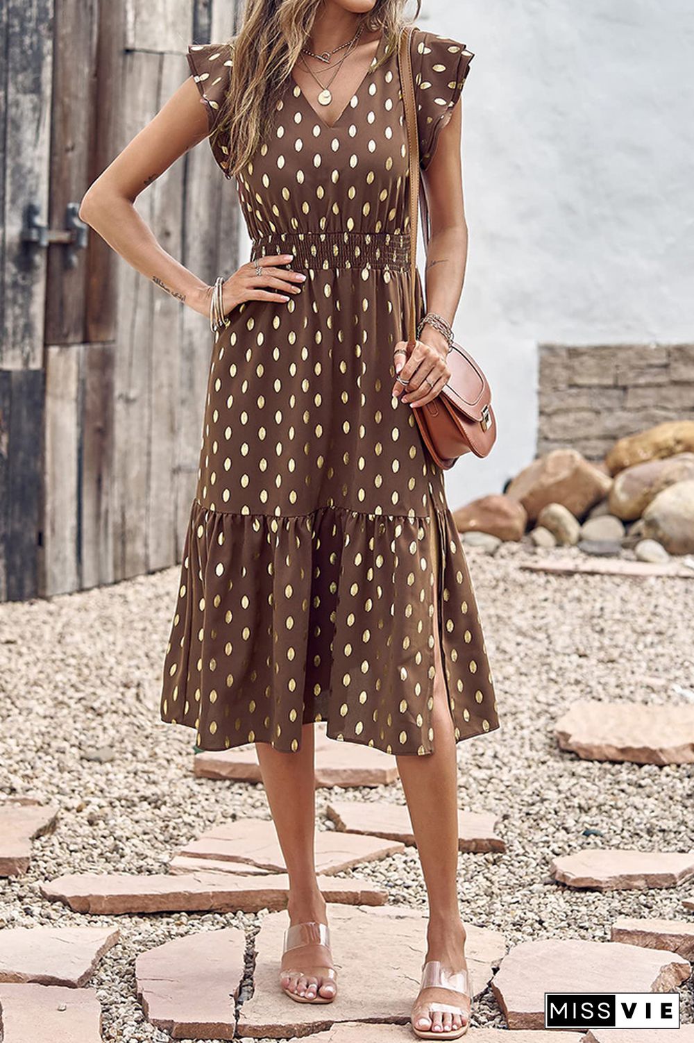 V Neck Foil Spot Print High Waist Midi Dress