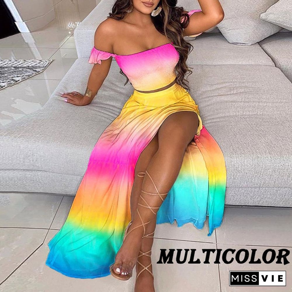 New Women's Sexy Tube Top Print Dress Split Long Skirt Summer Off-Shoulder Beach Dress Mini Skirt Set Plus Size