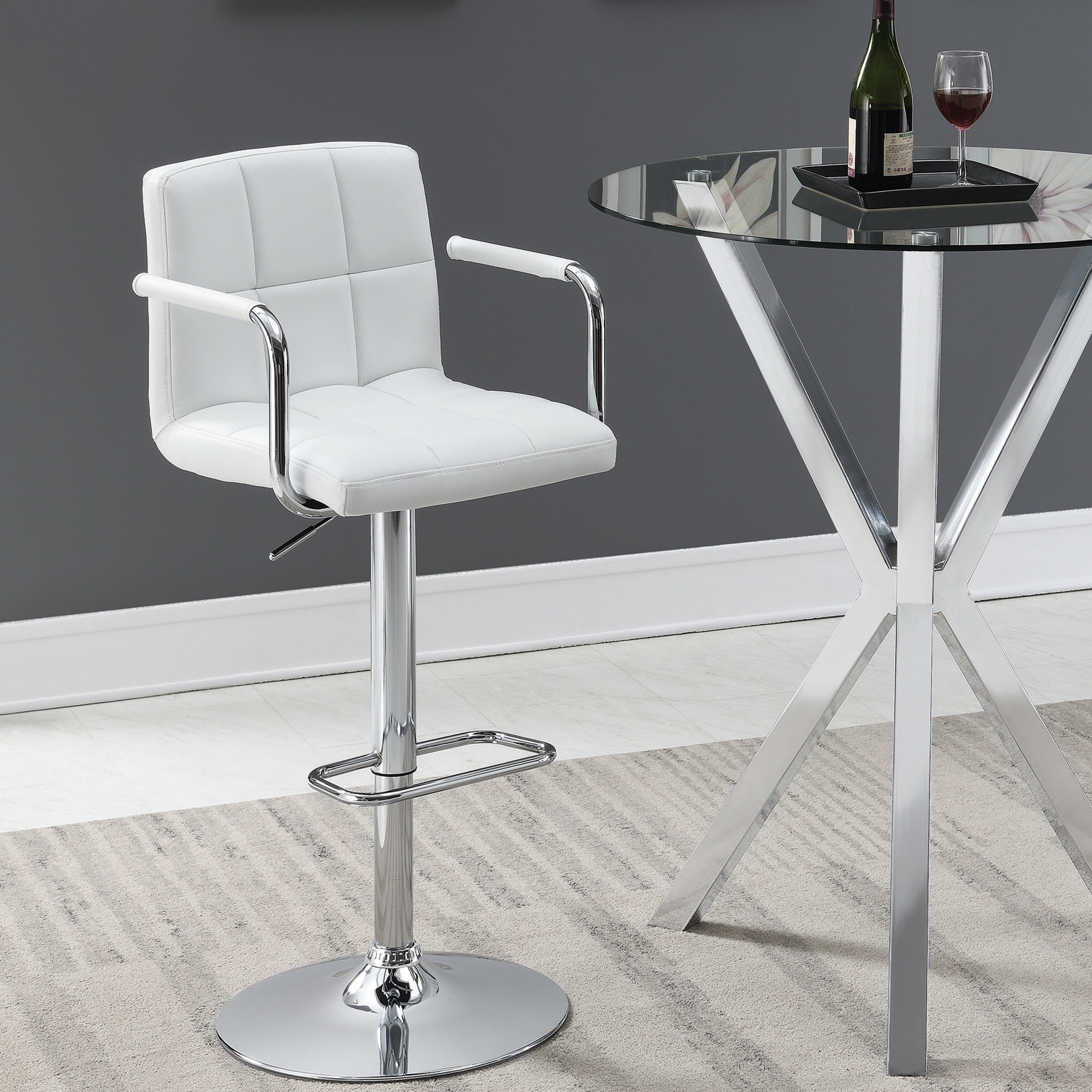 Modern White Leatherette Adjustable Swivel Stool with Chrome Pedestal Base