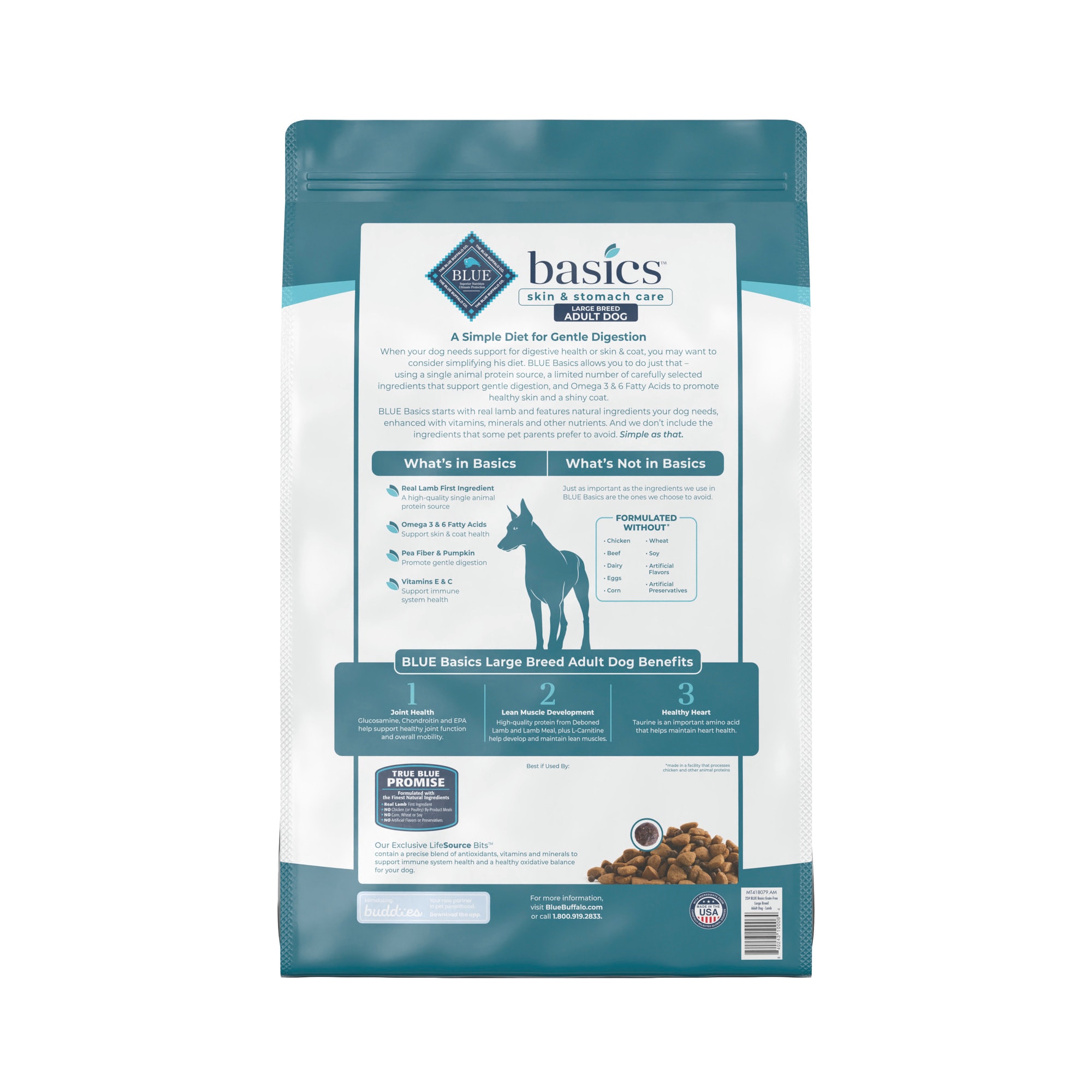 Blue Buffalo Blue Basics Skin  Stomach Care Natural Adult Grain Free Lamb  Potato Large Breed Dry Dog Food， 22 lbs.