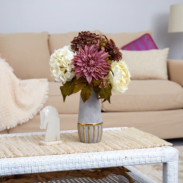 17 Peony，Hydrangea and Dahlia Arrangement in Stoneware Vase