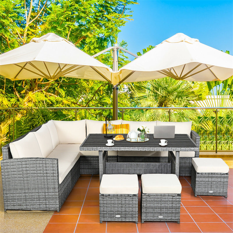 7 Pcs Rattan Patio Dining Furniture Sectional Sofa Set with Dining Table, Ottomans & Cushions