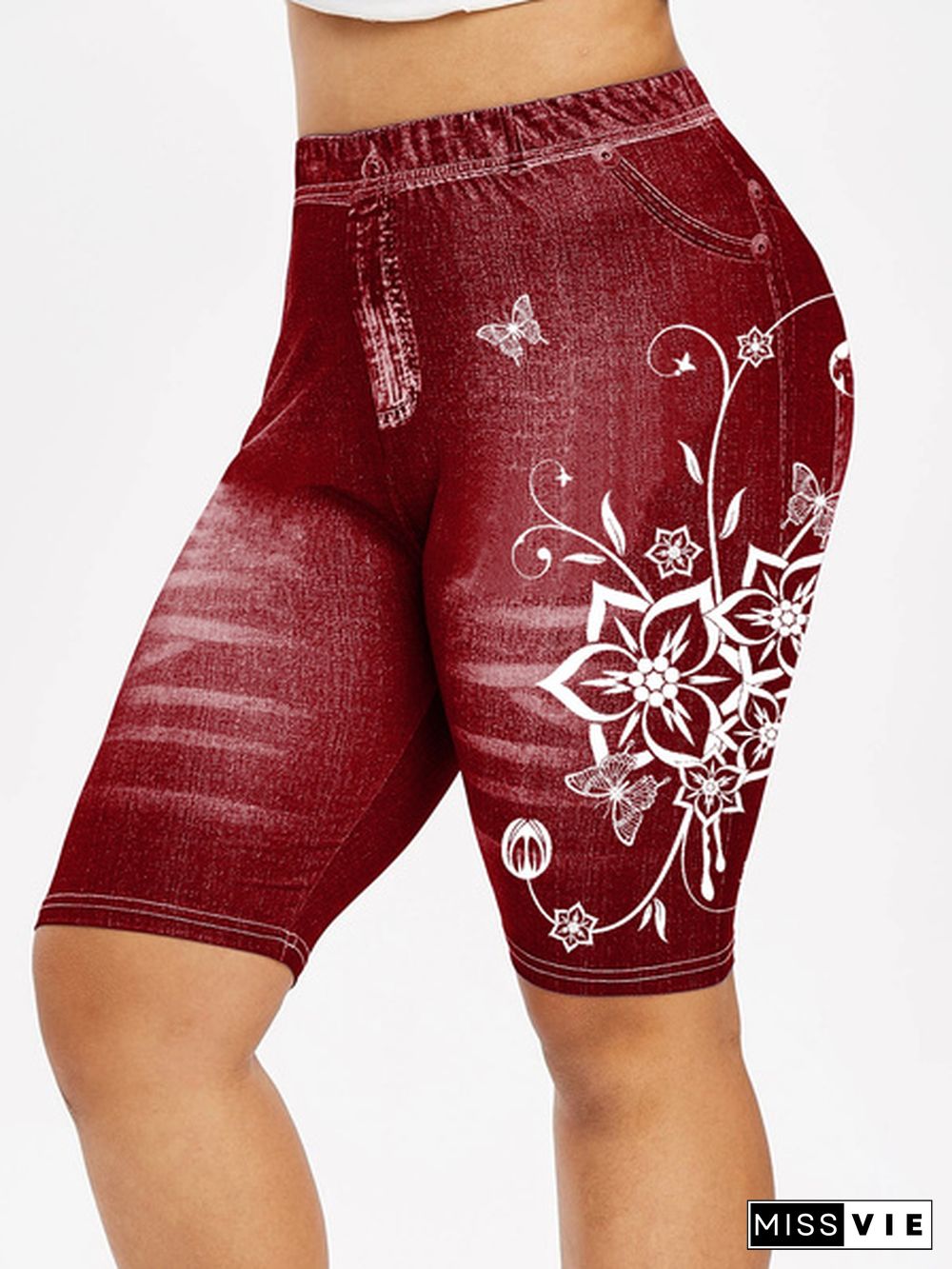 New Women's Fashion Plus Size 3D Floral Print Shorts Jeggings Denim Leggings Shorts