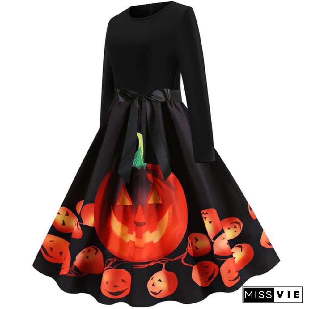 Dresses for Women Party Christmas Round Neck Belt Prom Dresses Halloween Costumes Long Sleeve Dresses Elegant Pumpkin Santa Claus Printed Evening Pleated Dresses