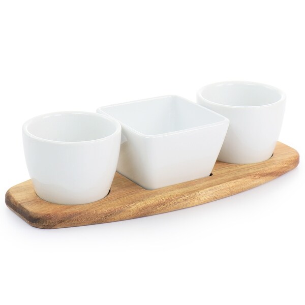 4 Piece Fine Ceramic Tidbit Dish Set with Acacia Wood Base