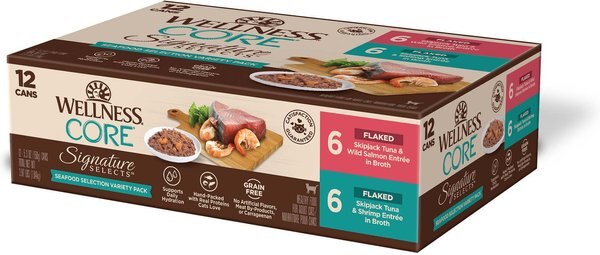 Wellness CORE Signature Selects Seafood Variety Pack Flaked Wet Cat Food  5.3-oz can， case of 12