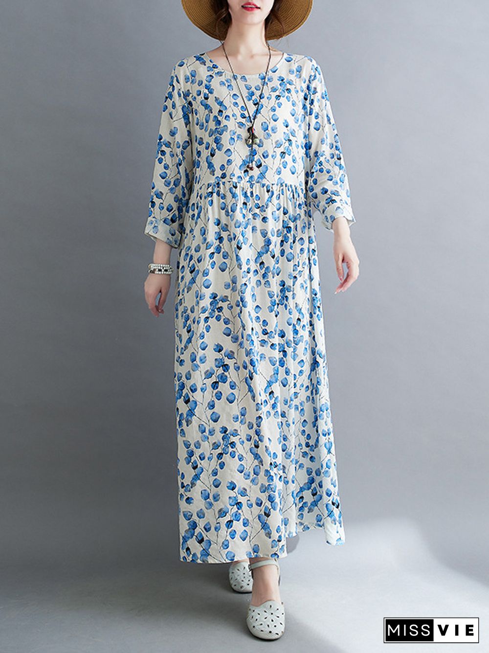 Long Sleeves Loose Flower Print Split-Joint Round-Neck Midi Dresses