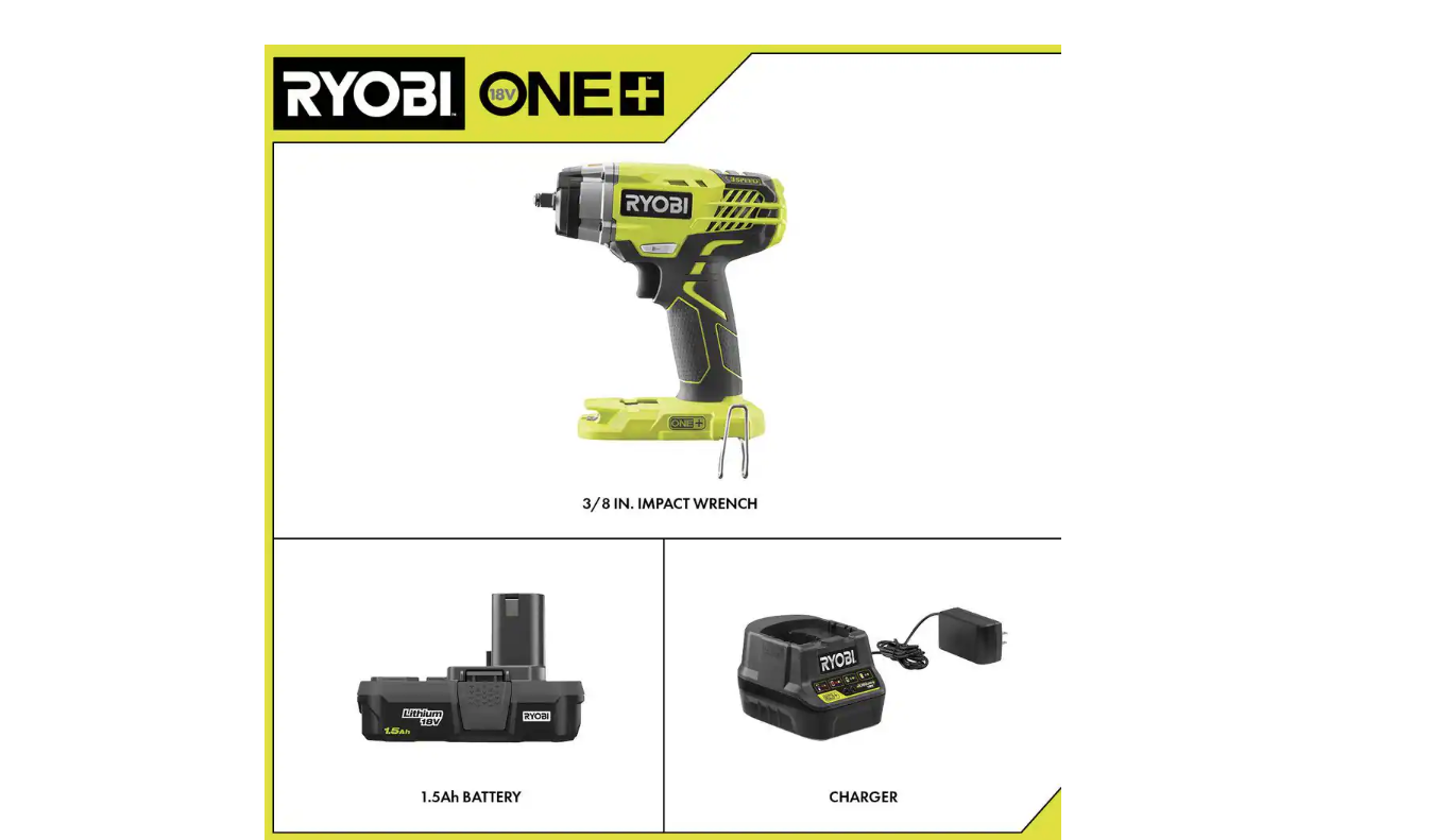 RYOBI P263K ONE+ 18V Cordless 3/8 in. Impact Wrench Kit with 1.5 Ah Battery and Charger