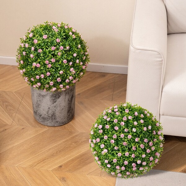 2 PCS Artificial Plant Topiary Balls 17.5 Inch Faux Decorative Balls with Pink Flowers