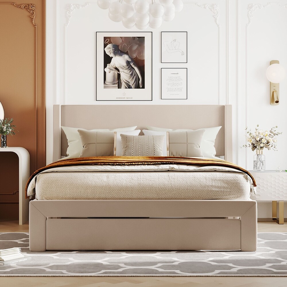 Queen Velvet Upholstered Storage Platform Bed with Big Drawer  Beige