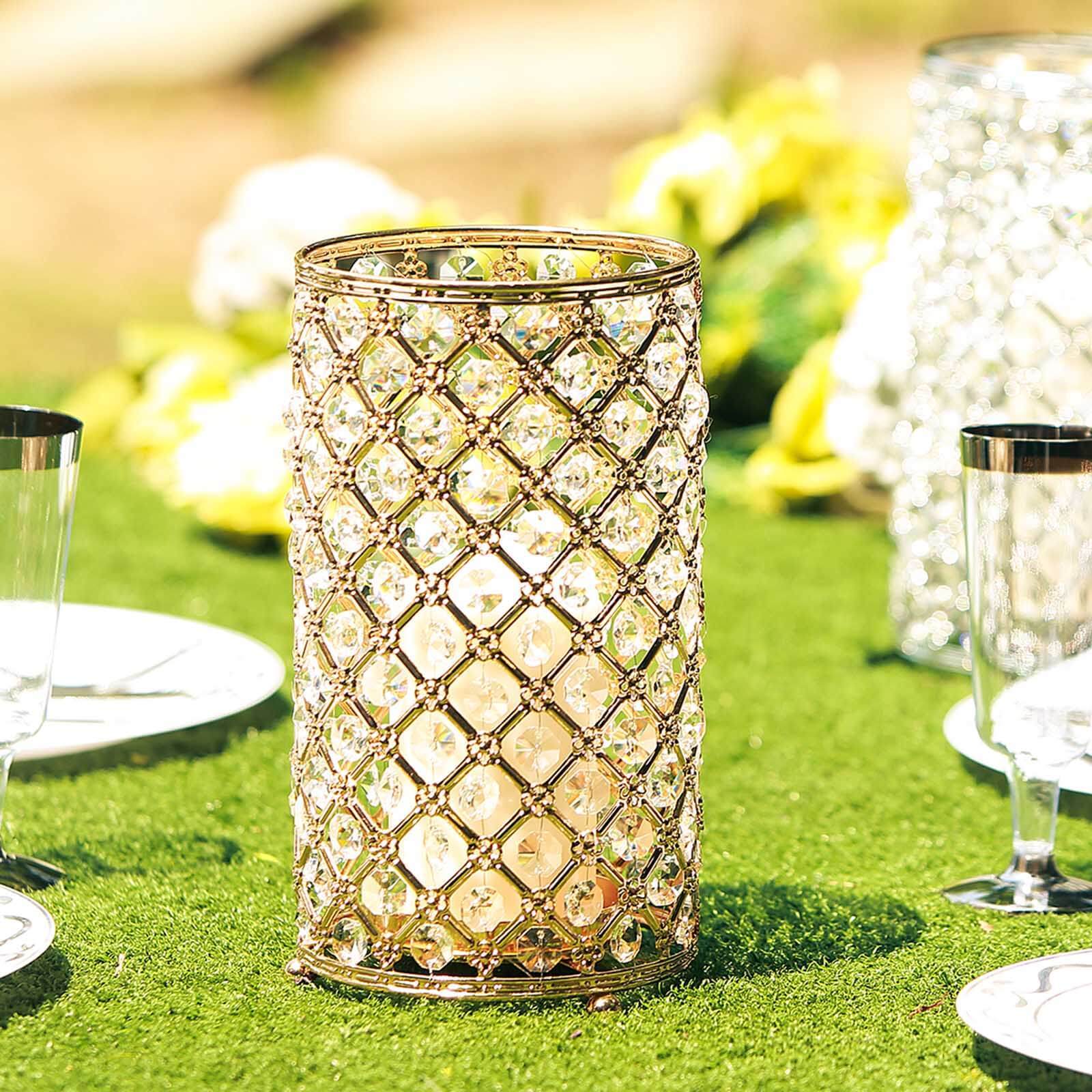 2 Pack Gold Metal Crystal Beaded Pillar Votive Candle Holder Set, Multipurpose Crystal Stem Vase 9