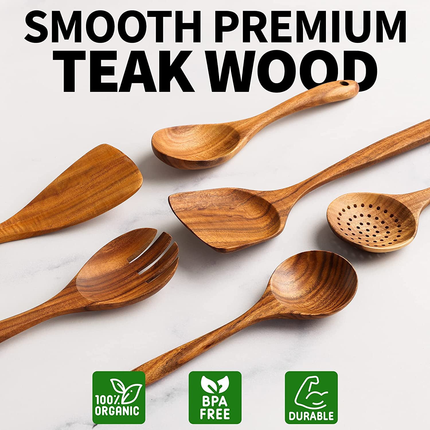 Zulay Kitchen (6 Pc Set) Teak Wooden Cooking Spoon Utensils Set in Non-Stick Smooth Finish