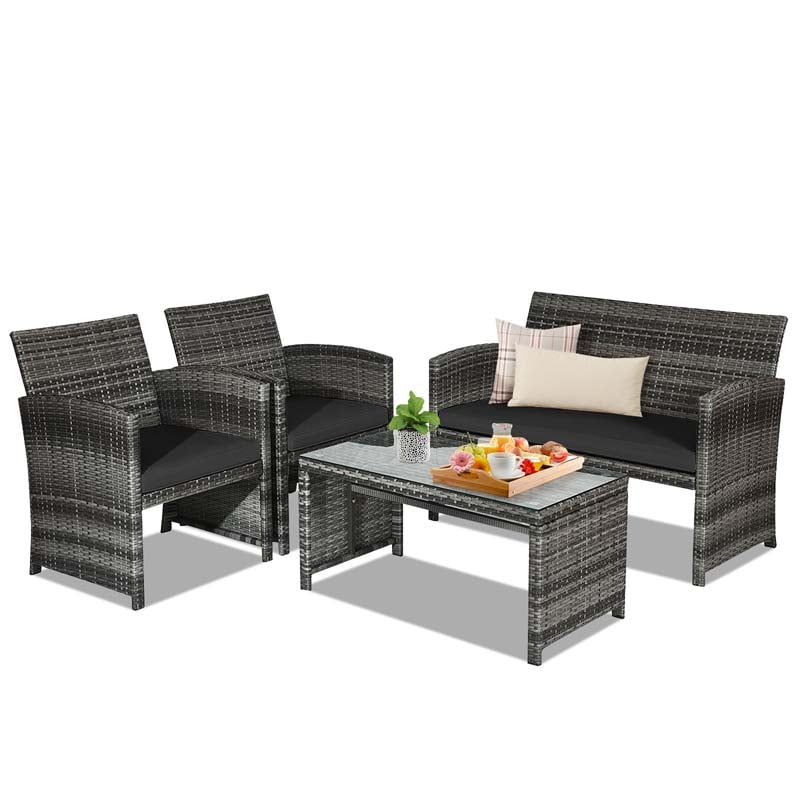 4 Pcs Rattan Wicker Patio Furniture Sets, Outdoor Conversation Sets with Loveseat, Table, Single Sofas