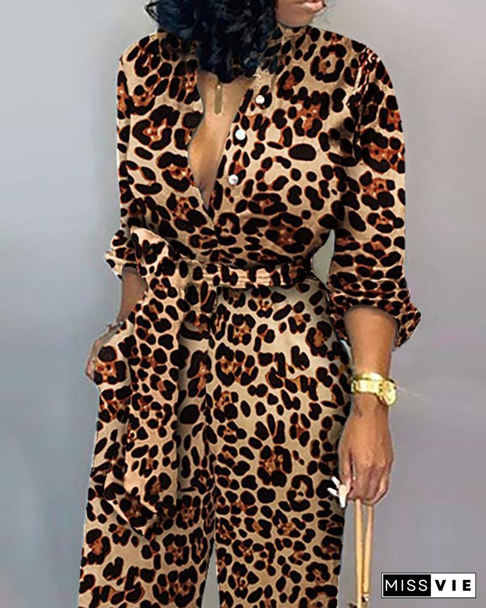 Leopard Print Button Design Wide Leg Jumpsuit P13128