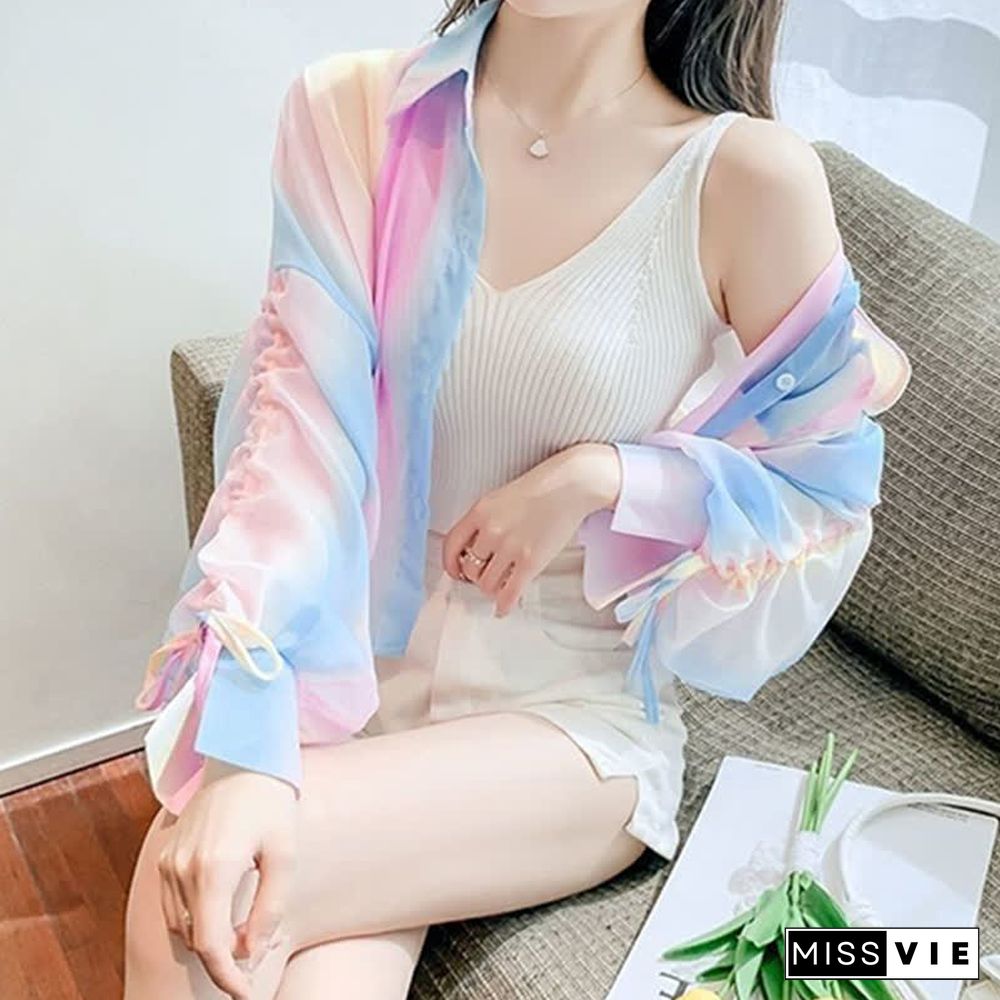 Casual Rainbow Print Drawstring Sleeve Crop Shirt