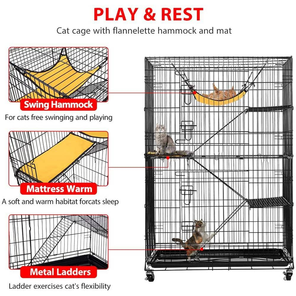 VIVOHOME 4-Tier 49 in. Metal Collapsible Cat Cage with Ramp Ladders Hammock and Bed X002EHHHYP