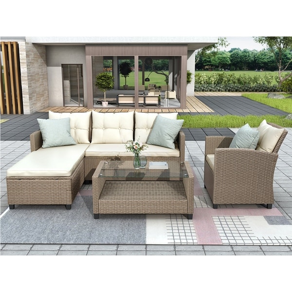 Living room，Outdoor，Patio Furniture Sets，4 Piece Conversation Set Wicker Ratten Sectional Sofa with Seat Cushions