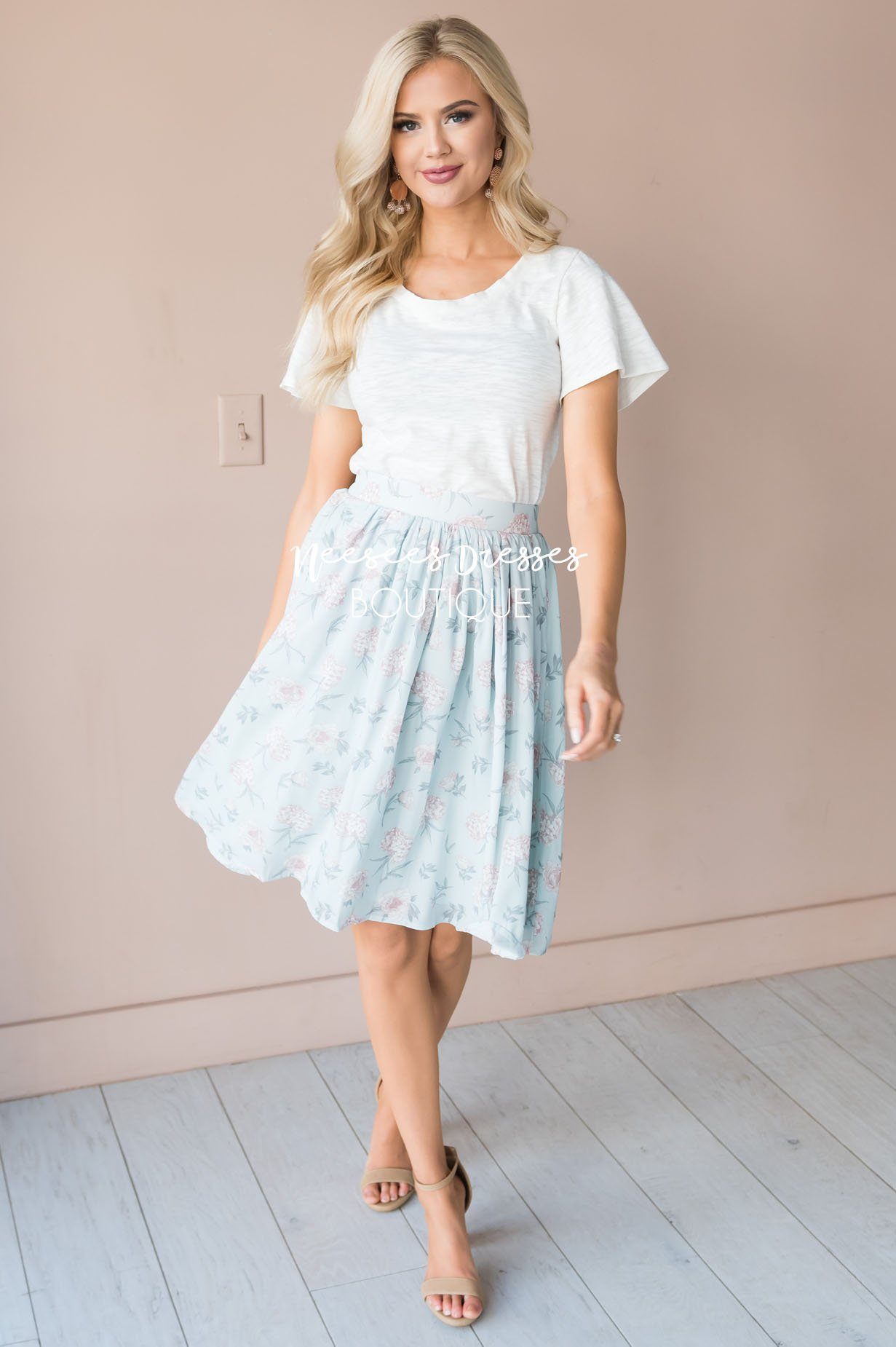 Pastel Blue Floral Chiffon Skirt