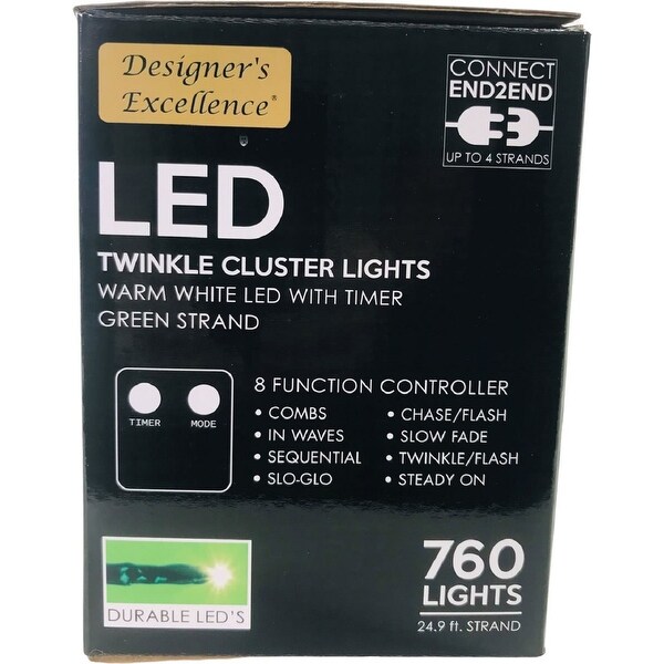 LED Twinkle Cluster Lights 24.9Ft White w/ Green Strand Connect End to End