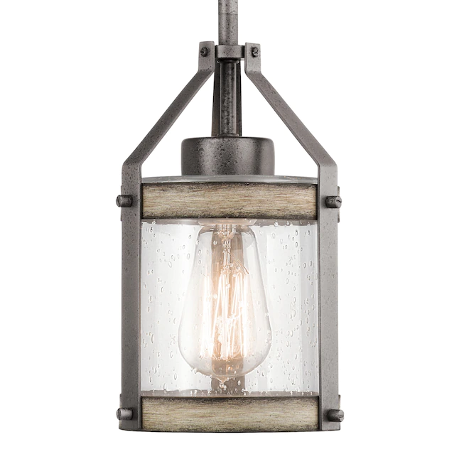 Kichler 34810 Barrington Anvil Iron and Distressed Antique Grey Rustic Seeded Glass Cylinder Mini Pendant Light