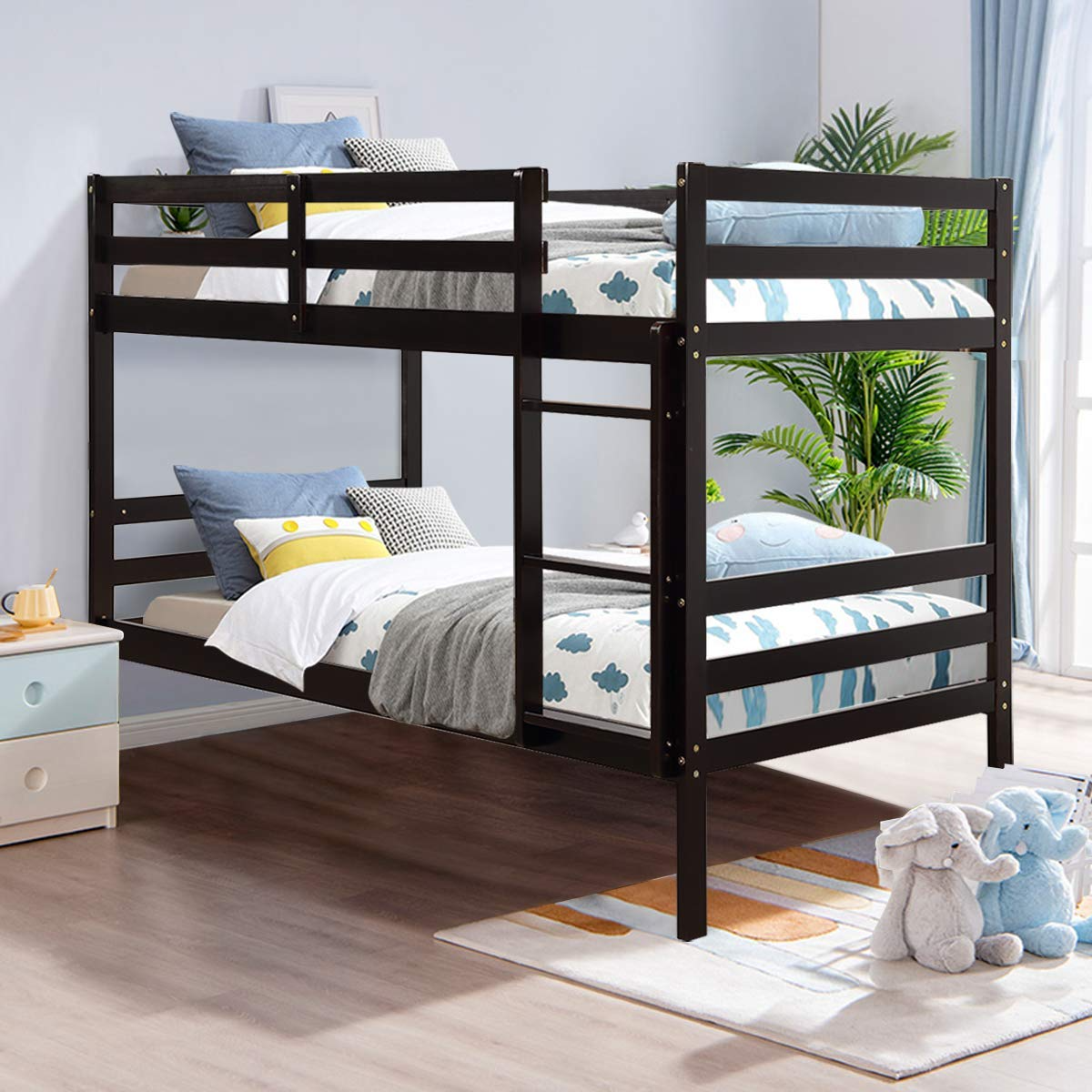 Costzon Twin Bunk Bed, Solid Hardwood Twin Over Twin Bed for Kids with Ladder and Safety Rail