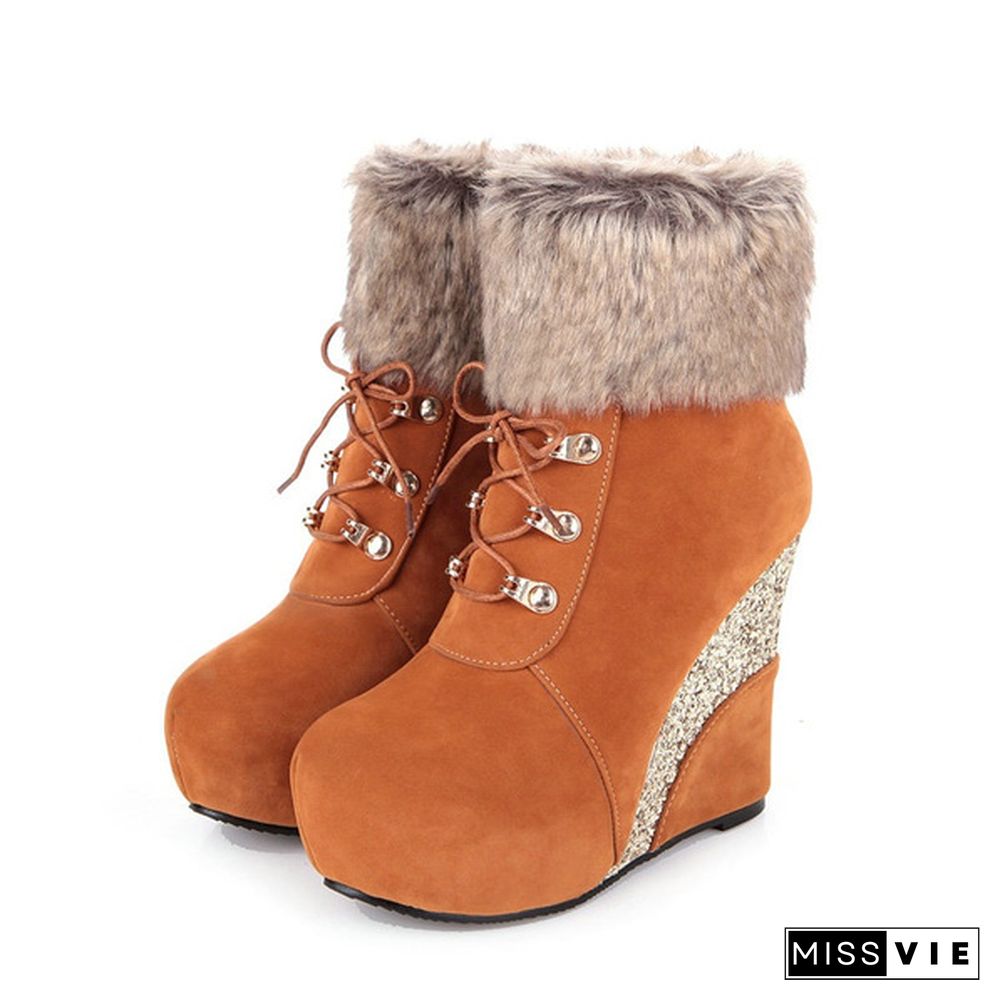 New Sexy Winter Boots Wedges Shoes Ankle Boots Women Warm Boots Lace Up Platform High Heels Snow Boots Shoes Woman