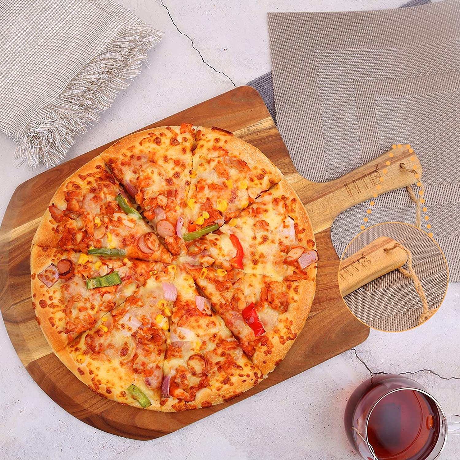 Acacia Wood Pizza Board With Cutter， 19 x 12 Inch Paddle Board Great for Homemade Pizza， Cheese and Charcuterie