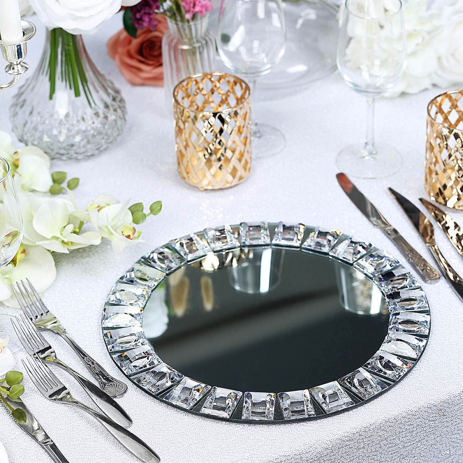 2 Pack Silver Jeweled Rim Premium Glass Mirror Charger Plates 13