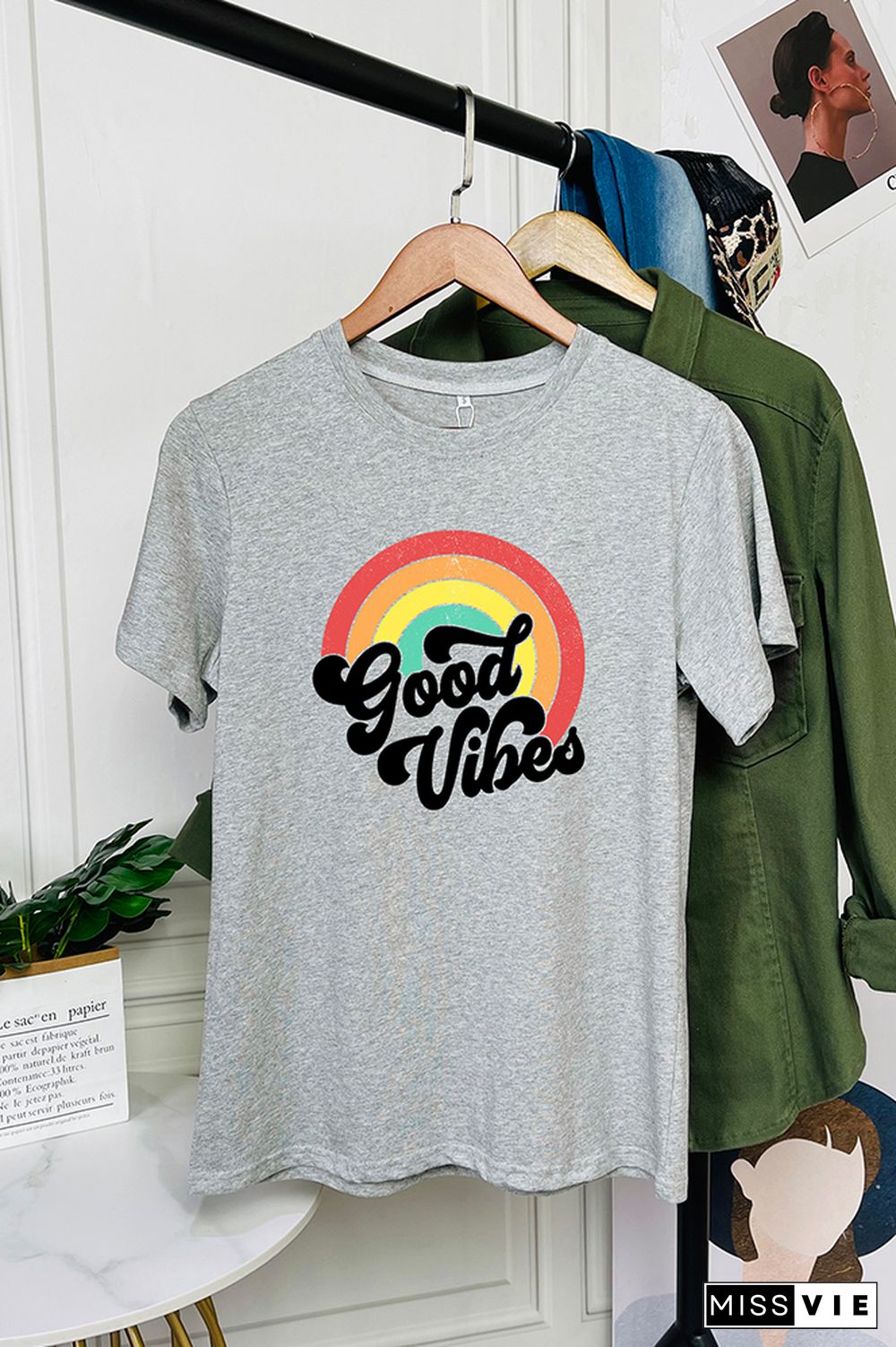 Good Vibes Vintage Rainbow Short Sleeve Graphic Tee Wholesale