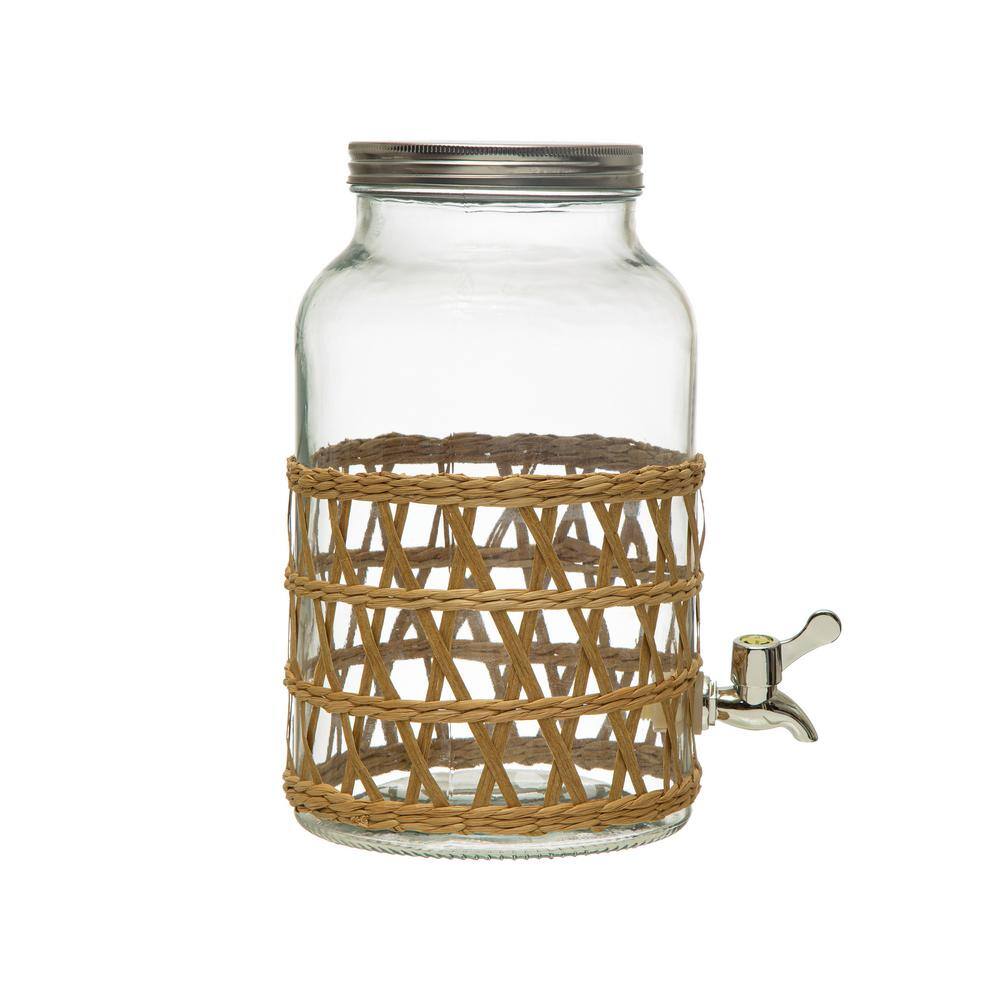 Storied Home Glass and Grass Jar Beverage Dispenser with Woven Seagrass Sleeve Natural DF7300