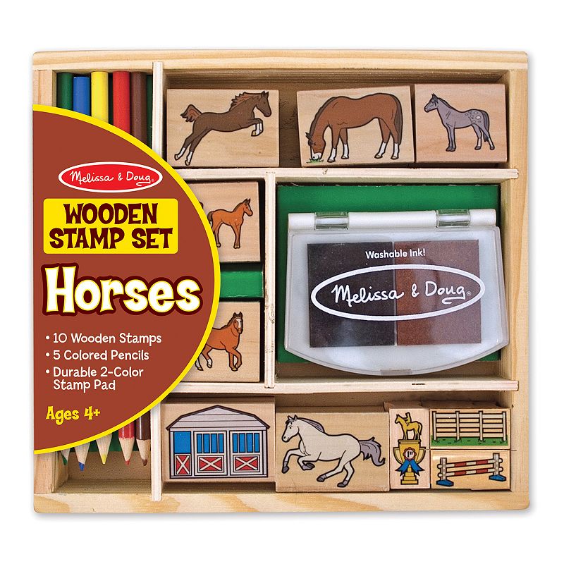 Melissa and Doug Wooden Stamp Activity Set Horse Stable - 10 Stamps， 5 Colored Pencils， 2-Color Stamp Pad