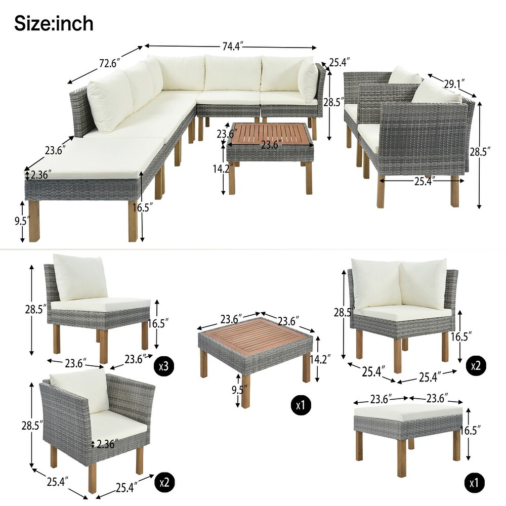 9 Piece Outdoor Patio Garden Wicker Sofa Set  Gray PE Rattan Sofa Set  with Wood Legs  Acacia Wood Tabletop  Armrest Chairs