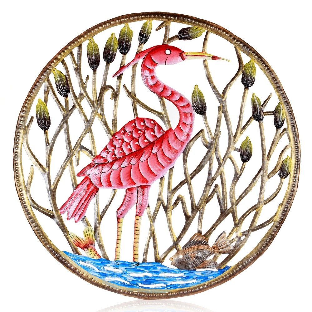 Flamingo in Reeds Haitian Steel Drum Wall Art