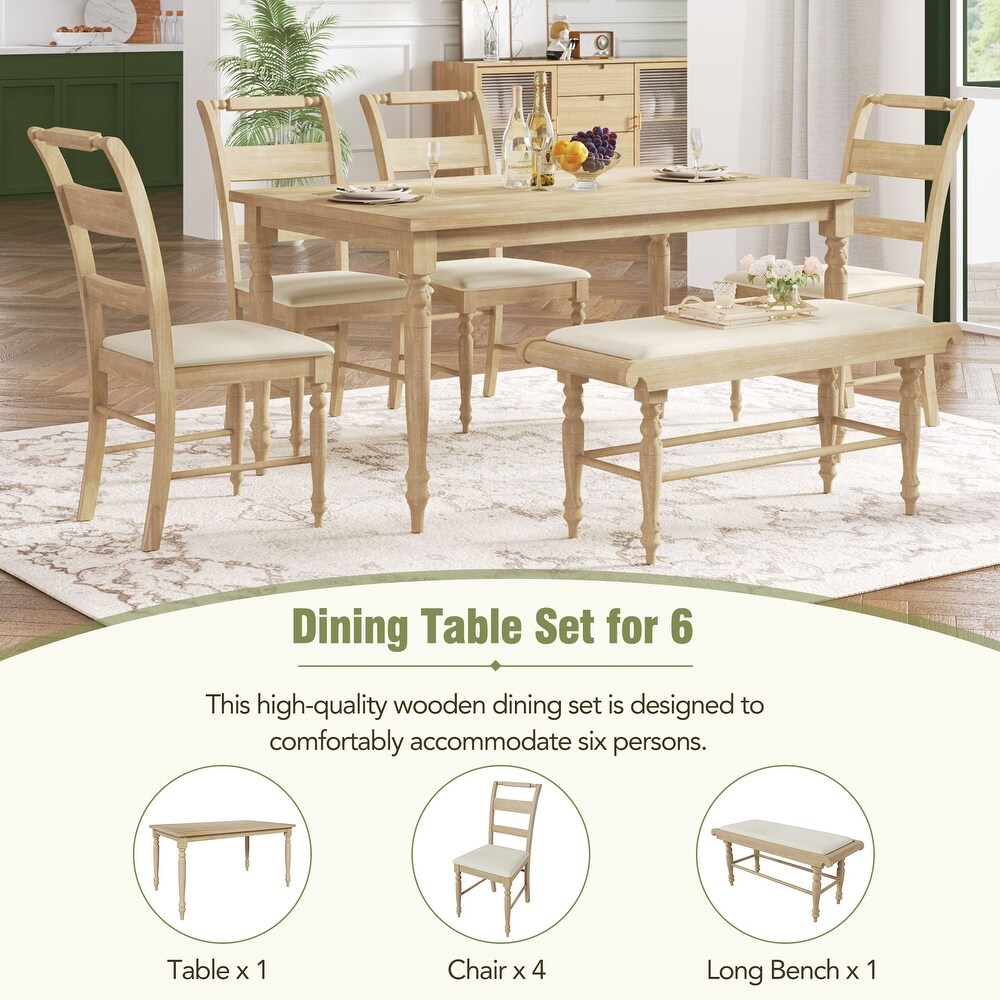 6 Peice Rectangular Dining Table Set with Upholstered Chairs   Bench