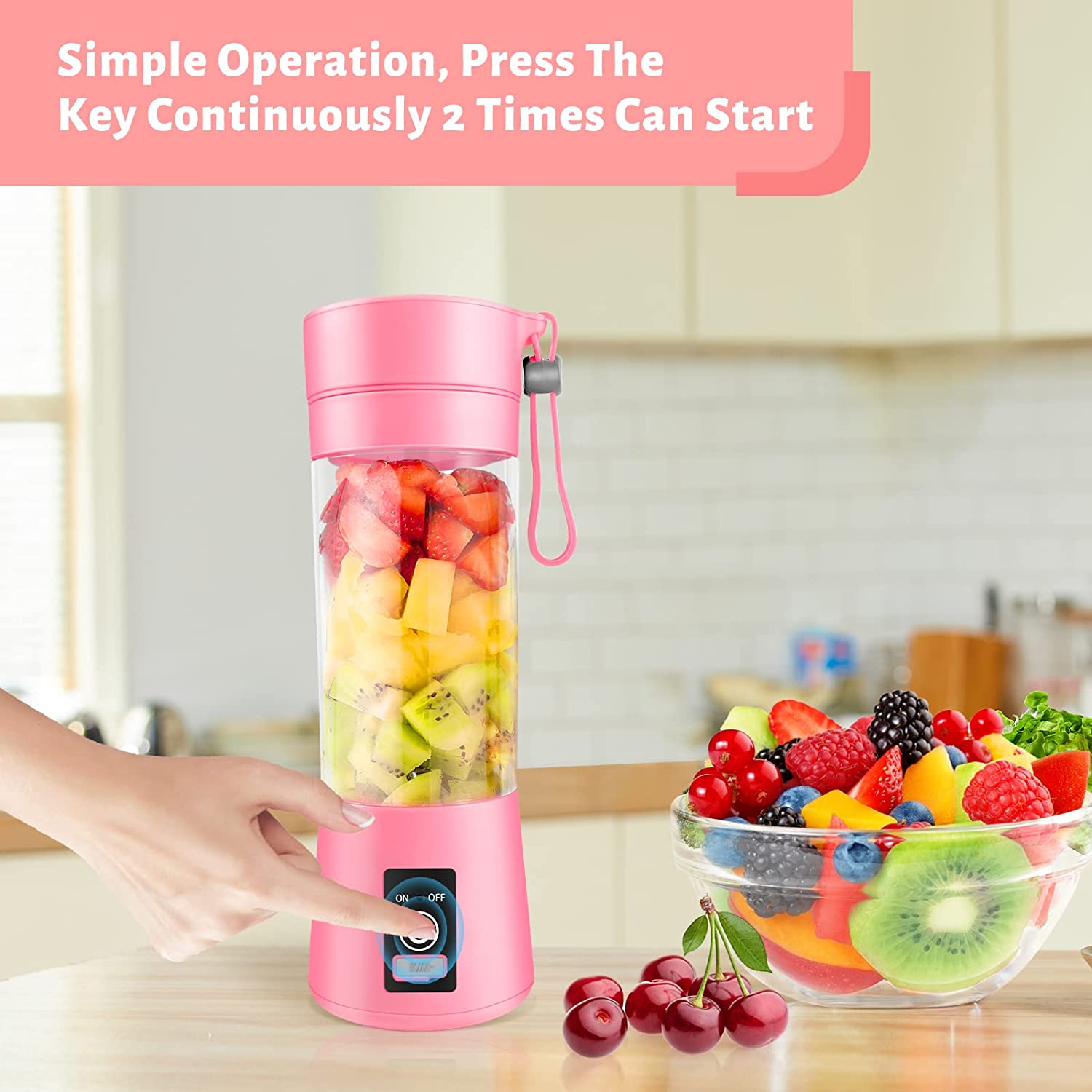 IMMEKEY Portable Blender, Rechargeable USB, 380ml Travel Fruit and Vegetable Juicer with 6 Blades