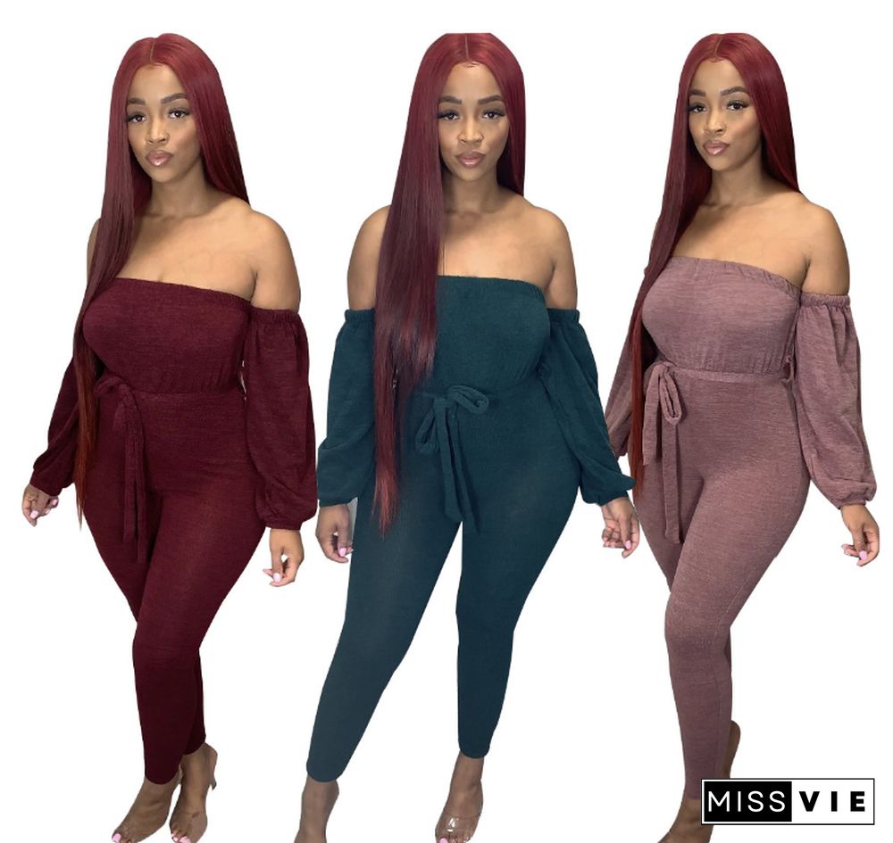 Sexy Solid Color One-word Shoulder Long Sleeve Jumpsuit