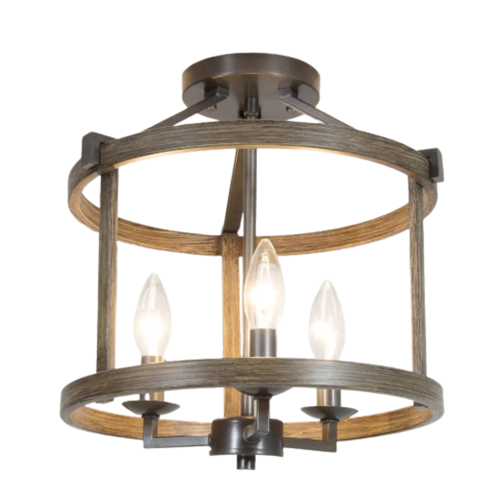 LNC Modern Farmhouse Brown Drum Semi Flush Mount Lighting， 3-Light Candlestick Ceiling Light Fixture for Bedroom Kitchen