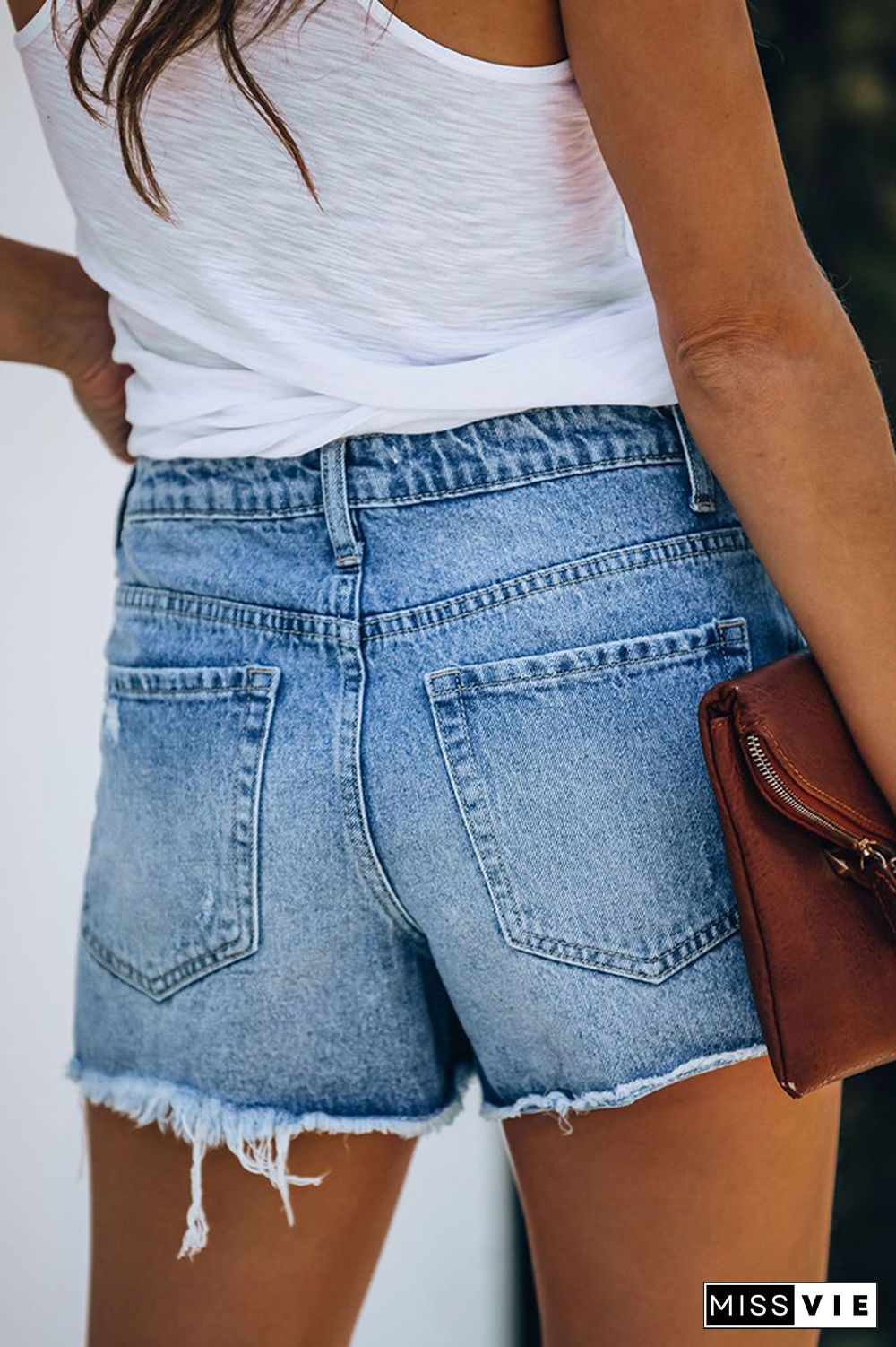 Light Blue Buttoned Ripped Distressed Denim Shorts