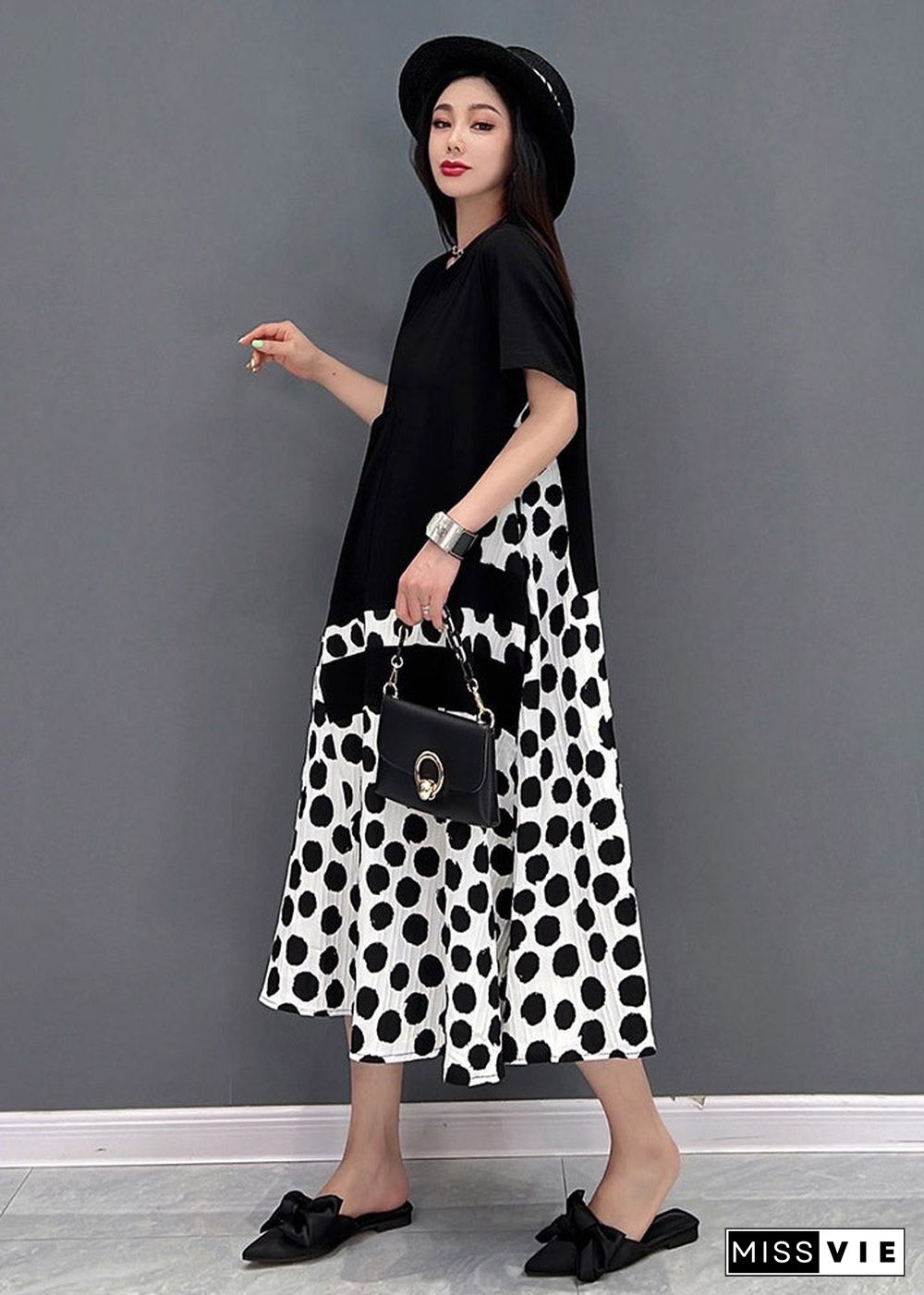 Black O-Neck Dot Maxi Dresses Short Sleeve