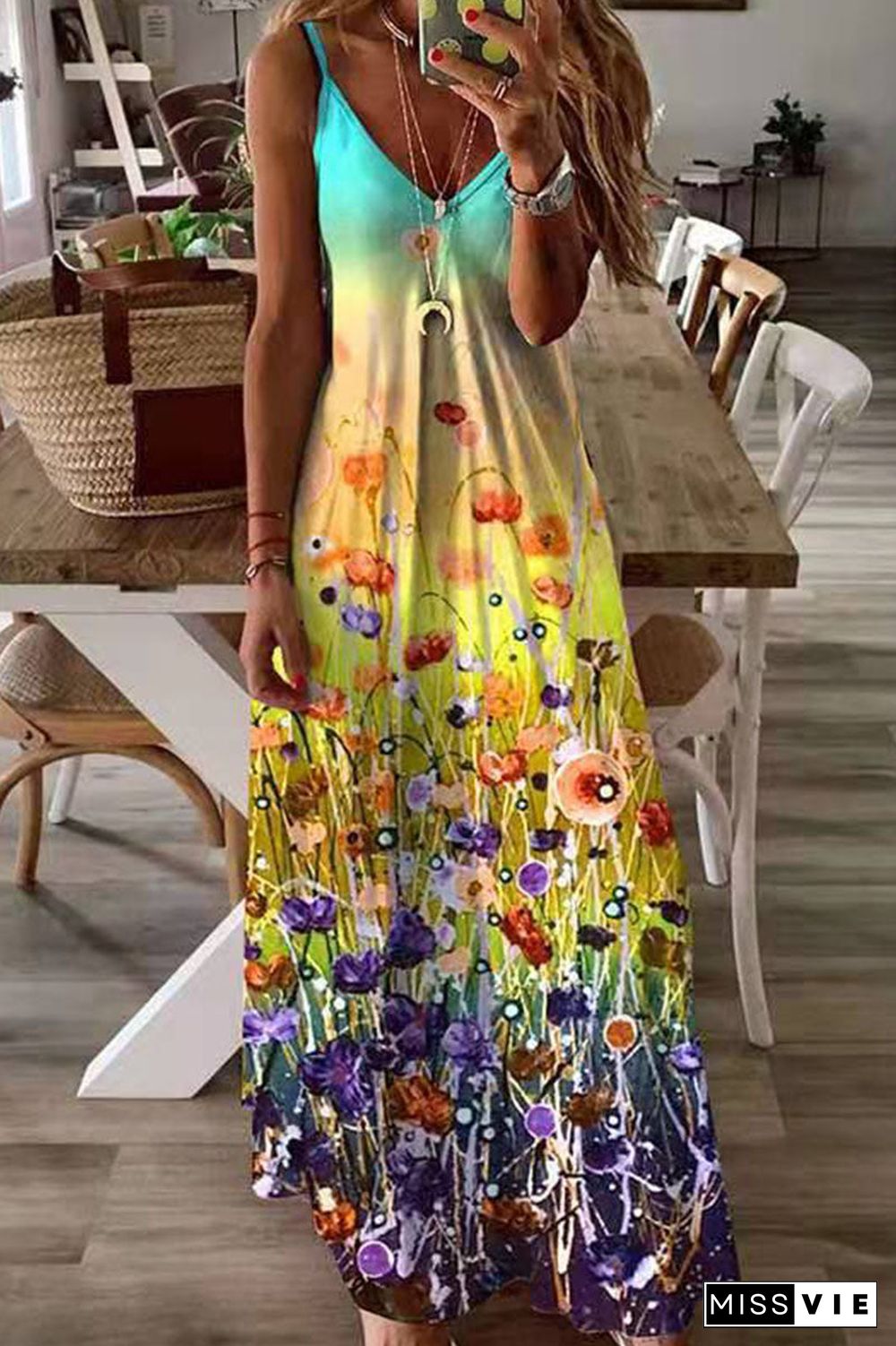 Fashion Sweet Print Split Joint V Neck Princess Dresses